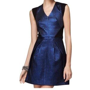 Tibi Quilted Lurex Jacquard Dress blue black Sz 4